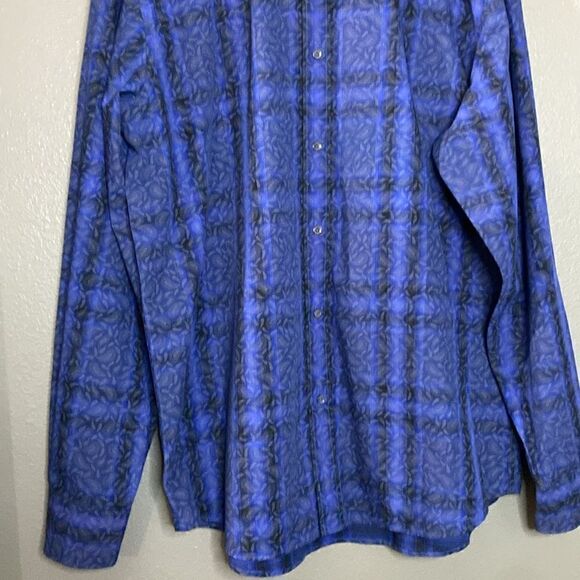 Bugatchi Uomo Dark Blue Medium Blue Plaid Paisley Print Button Down Dress Shirt - Picture 4 of 15